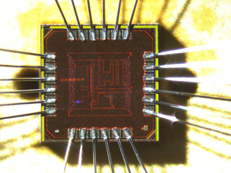 A finished microchip with circuits designed at GSI/FAIR. Von einem rötlich gefärbten, rechteckigen Mikrochip gehen in alle Richtungen Drähte weg.