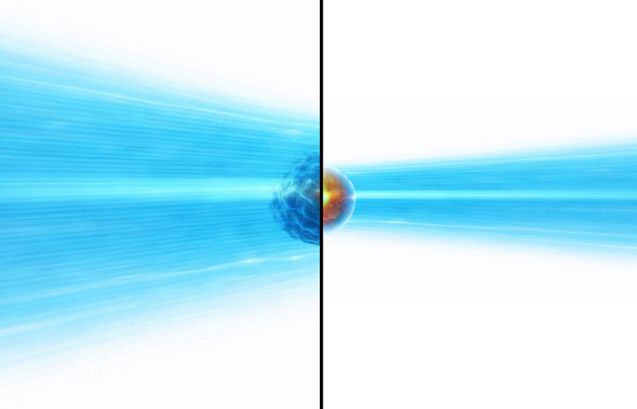 Das Bild ist zweigeteilt. Links strahlt ein breiter, blauer Strahl von links auf eine wabernde, graue Halbkugel. Rechts strahlt ein schmaler blauer Strahl von rechts auf eine kleine, abgegrenzte, orangene Halbkugel.