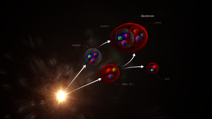 In high-energy collisions of protons, deuterons are created by fusion between a proton and a neutron emerging from the reaction. The fusion is catalyzed by a pion.