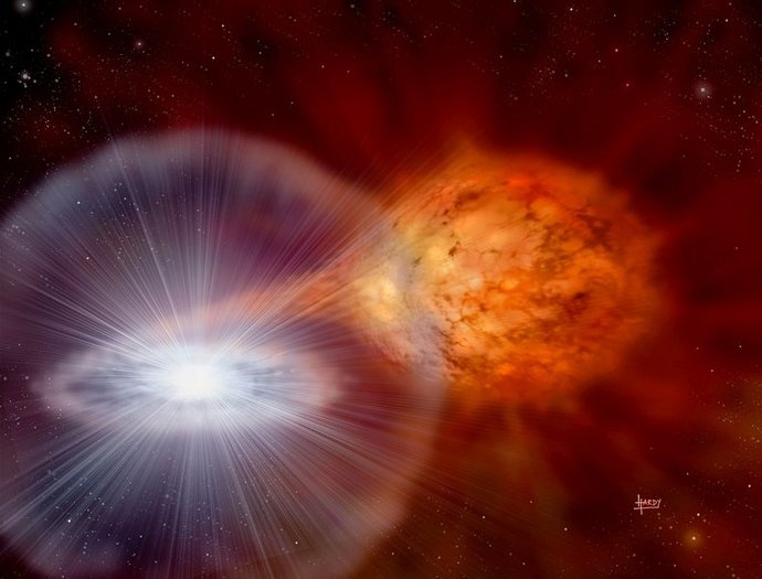 Artist impression of a thermonuclear X ray burst in a binary system where a compact object such as a neutron star is accreting hydrogen and/or helium from.
