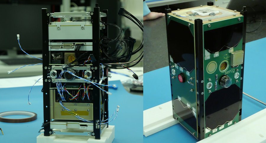 Vorher/Nachher Auf der linken Bildhälfte ist die Elektronik zu sehen, auf der rechten Bildhälfte der Zustand nach dem Einbau in den rechteckigen Kasten.